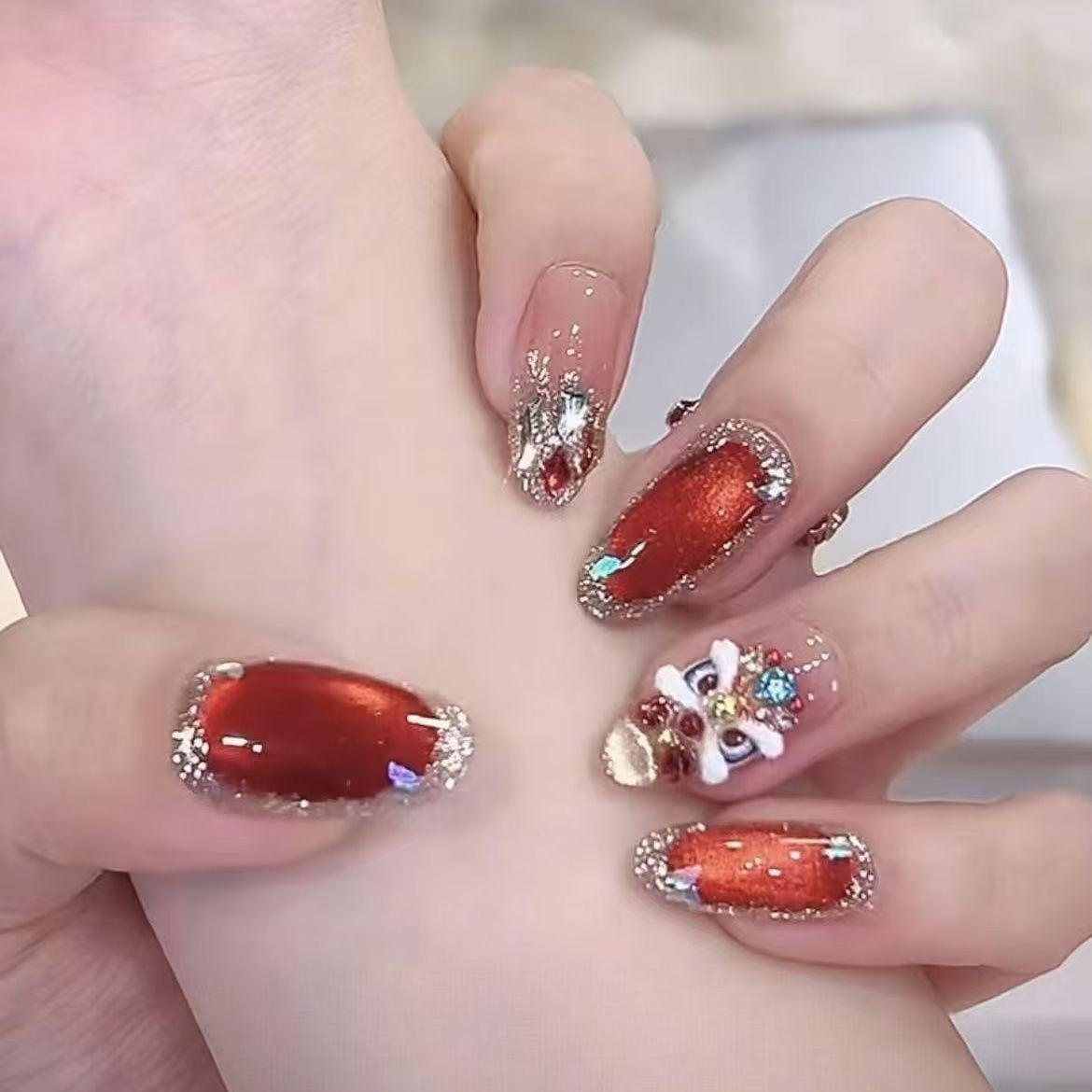 New Year's Edition Traditional Red 3D Lion Dance Wearable Nails with Butterfly Silver Diamond Trim, High-End Look, Brightening Effect Nail Stickers