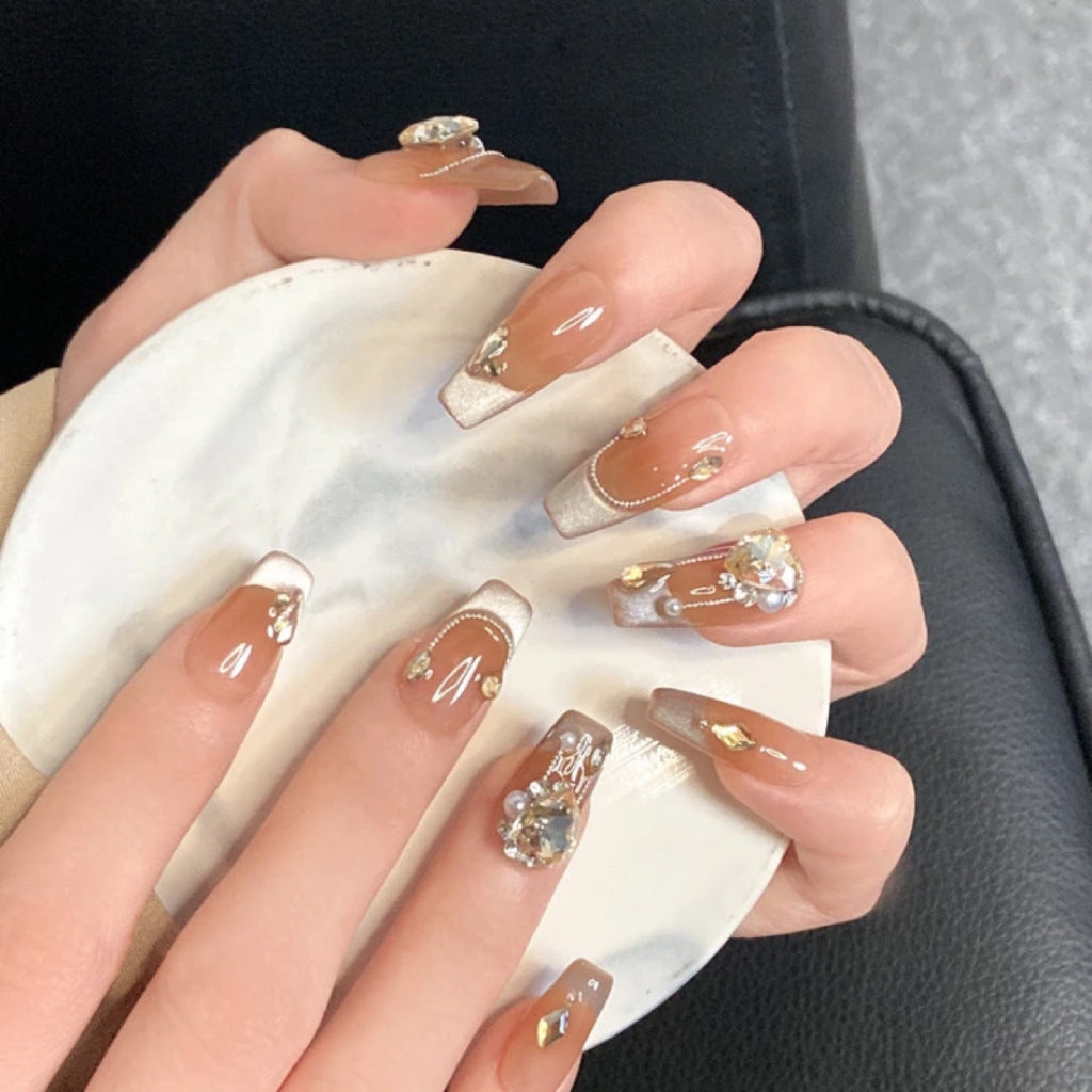 Top-tier luxury cat-eye French diamond Maillard color series handmade press-on nails by a nail art manufacturer