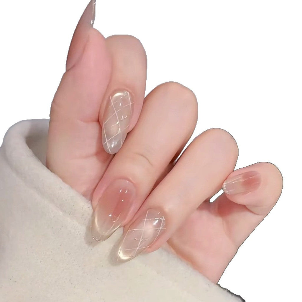 Shimmering milk tea plaid cat-eye press-on nails, high-end nude color, simple and elegant, light luxury style, sophisticated fake nails wholesale