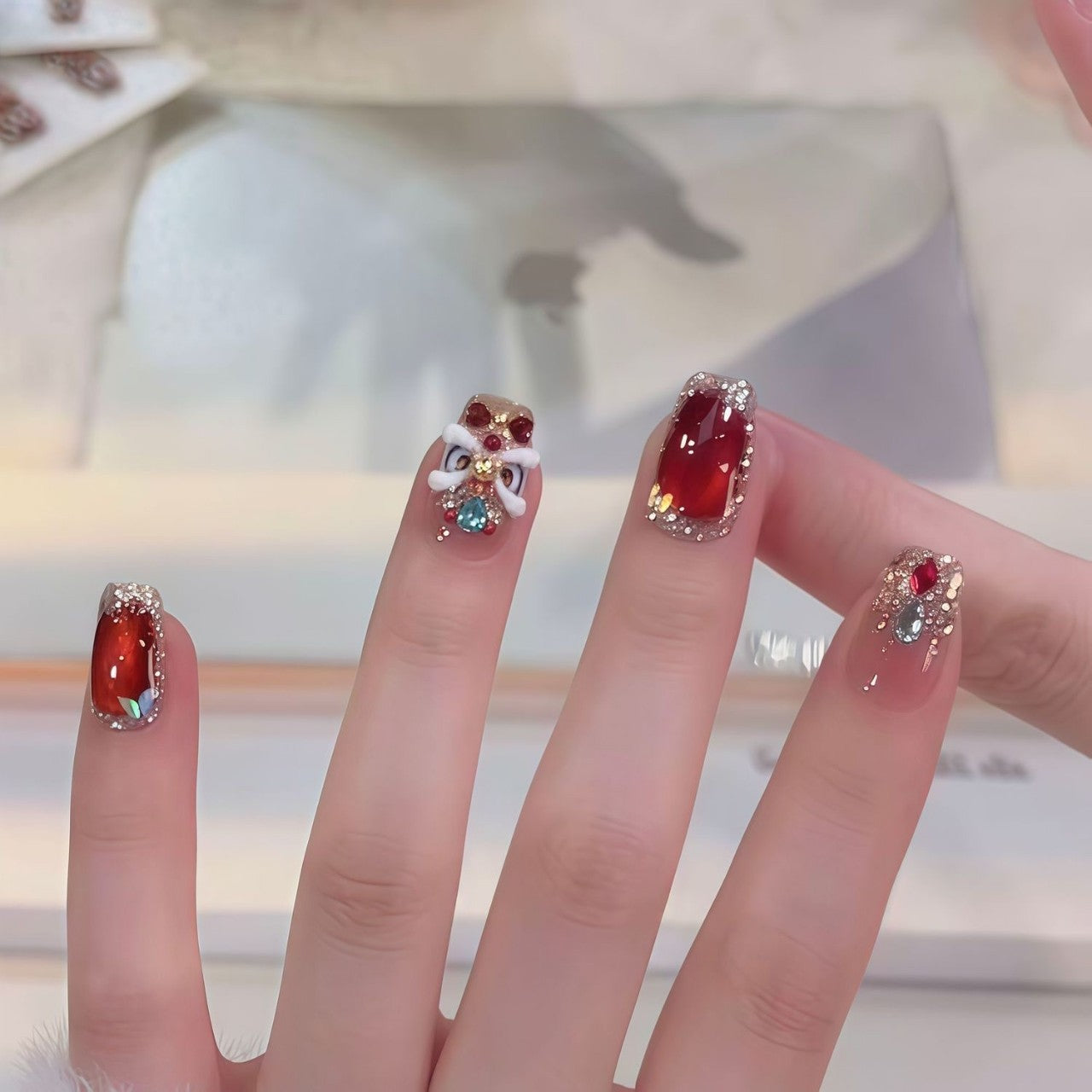 New Year's Edition Traditional Red 3D Lion Dance Wearable Nails with Butterfly Silver Diamond Trim, High-End Look, Brightening Effect Nail Stickers