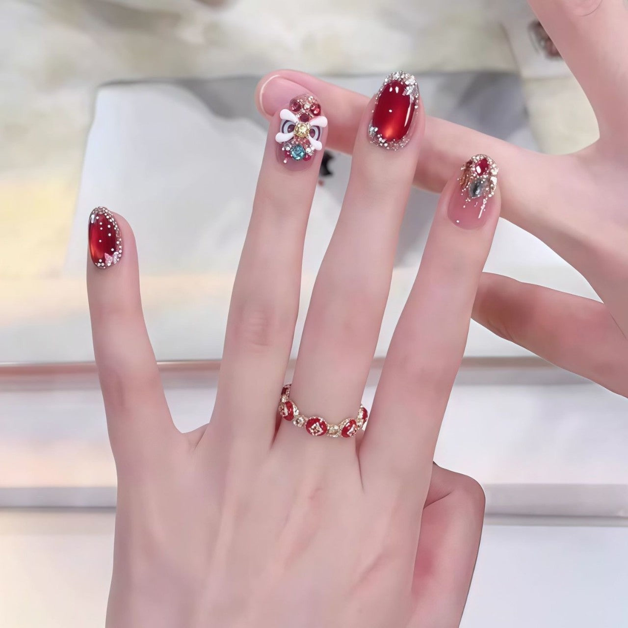 New Year's Edition Traditional Red 3D Lion Dance Wearable Nails with Butterfly Silver Diamond Trim, High-End Look, Brightening Effect Nail Stickers
