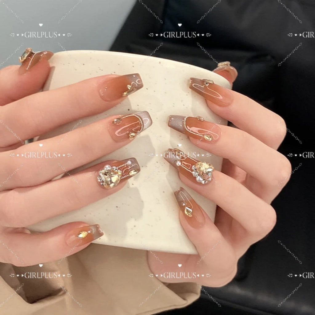 Top-tier luxury cat-eye French diamond Maillard color series handmade press-on nails by a nail art manufacturer