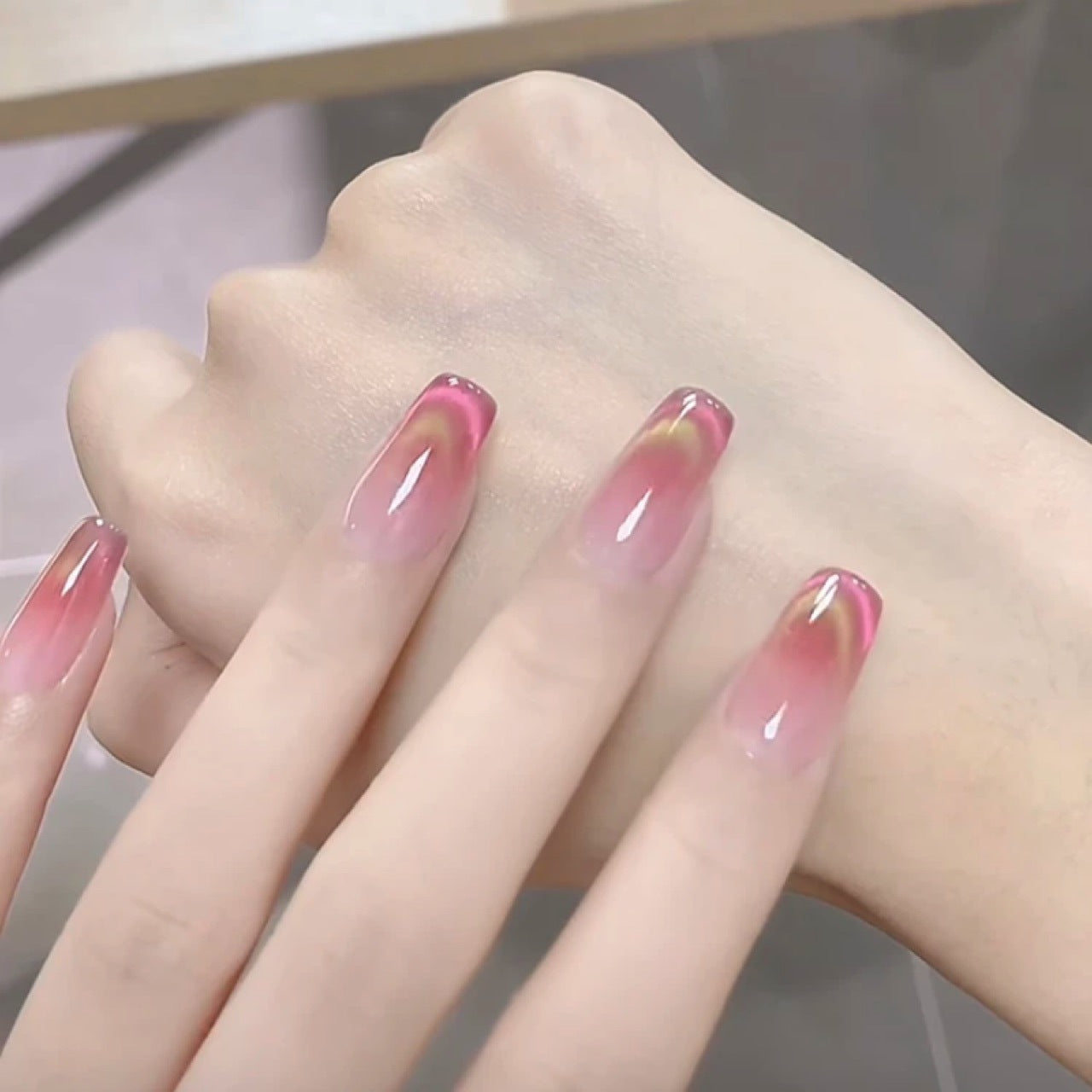 Red Dopamine French Style Dual-Color Cat Eye Rose Red Brightening High-End Handmade Wearable Nail Art Stickers