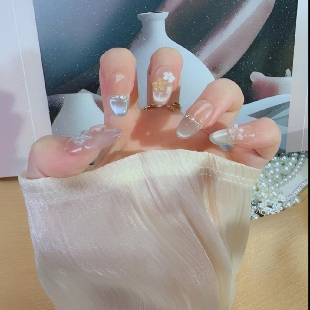 Floral Time French Style Colorful Cat's Eye Crystal Five-Petal Flower Fresh Spring-Summer Handmade Wearable Nails Wholesale Finished Products