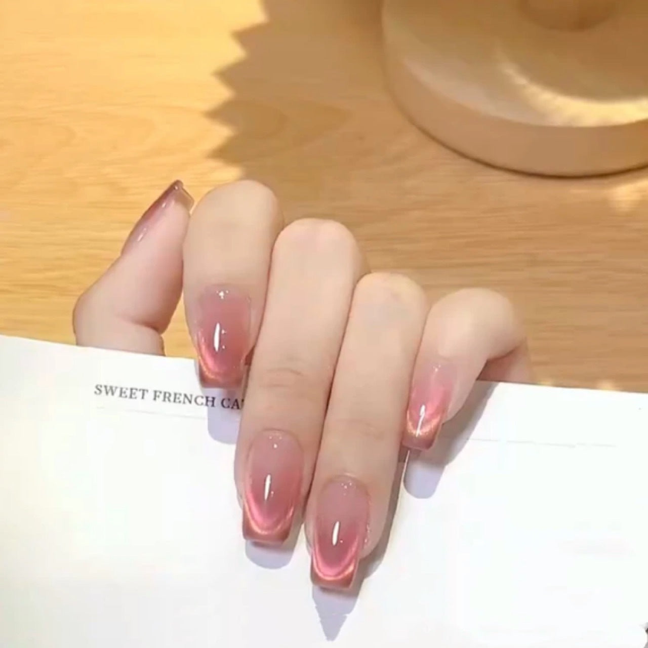 Red Dopamine French Style Dual-Color Cat Eye Rose Red Brightening High-End Handmade Wearable Nail Art Stickers