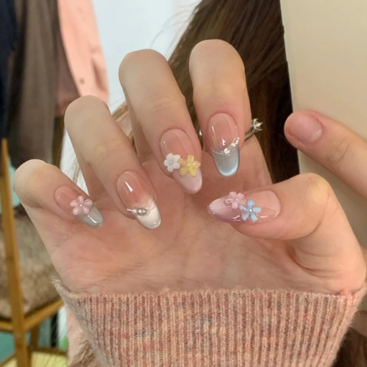 Floral Time French Style Colorful Cat's Eye Crystal Five-Petal Flower Fresh Spring-Summer Handmade Wearable Nails Wholesale Finished Products