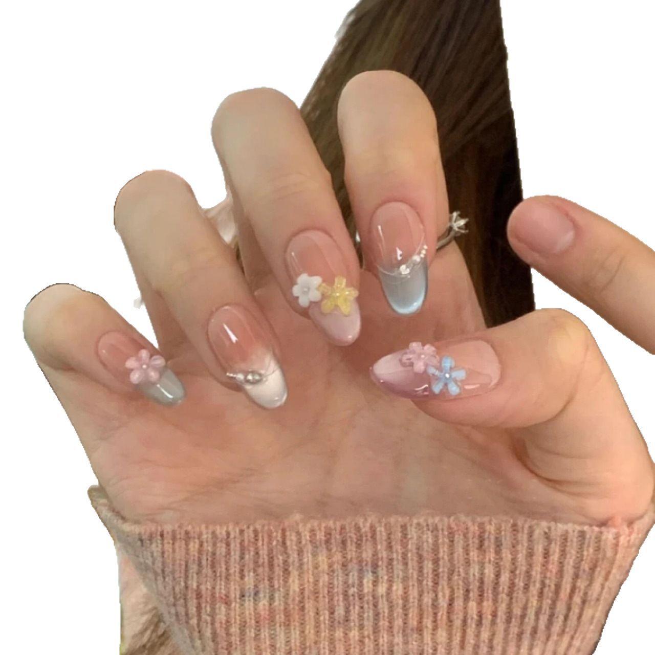 Floral Time French Style Colorful Cat's Eye Crystal Five-Petal Flower Fresh Spring-Summer Handmade Wearable Nails Wholesale Finished Products